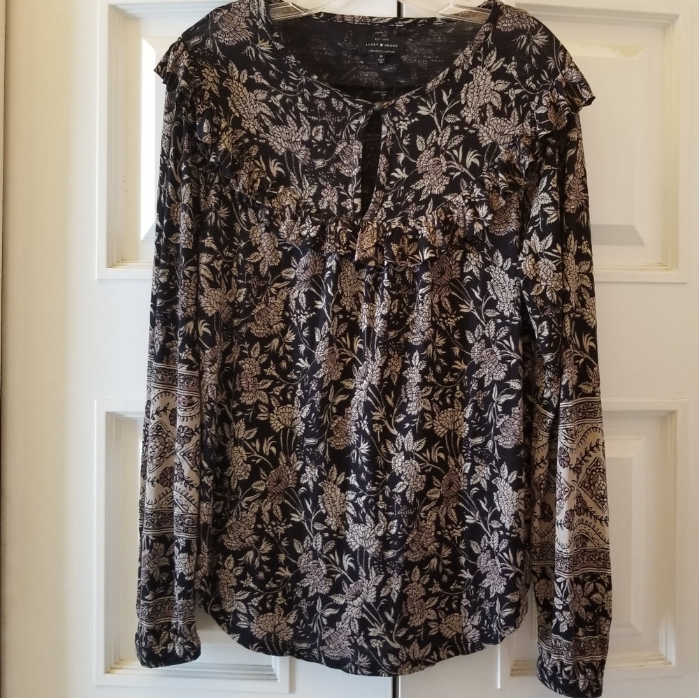 Lucky Brand Boho Top L/S Floral Key Hole M